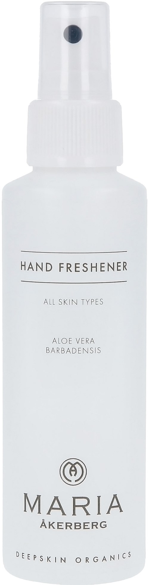 En vit sprayflaska märkt 'Hand Freshener' med aloe vera och barbadensis. Den är för alla hudtyper.
