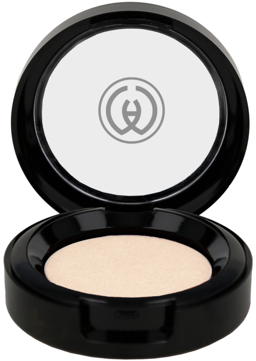 Eine kleine Dose mit weißem Puder in einer schwarzen runden Box mit offenem transparentem Deckel und Logo.
