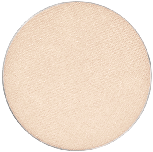 En rund, beige makeup-pudderpute med glatt, matt overflate.