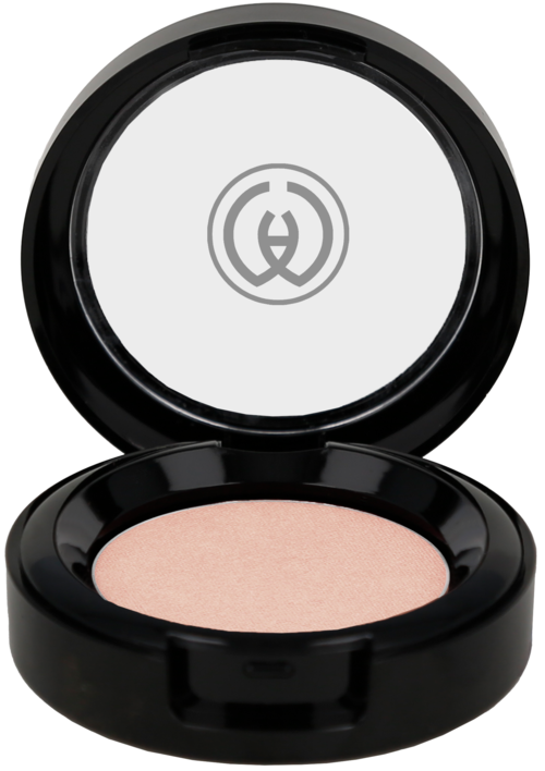 Es ist ein kompaktes Kosmetikprodukt mit einem hellrosa Puder in einer schwarzen runden Packung.