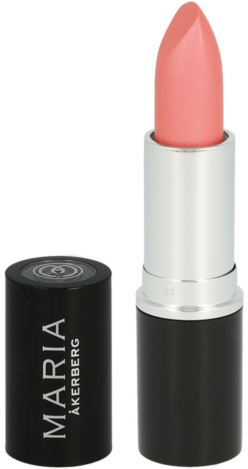Een roze lipstick in een zilveren en zwarte huls met een deksel ernaast.