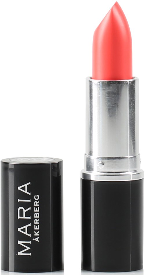 A coral lipstick with black and silver packaging, labeled 'MARIA MAKEBERG'.