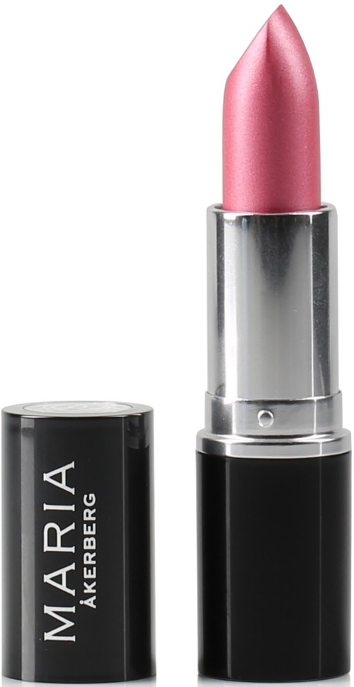 A pink lipstick with a silver and black case, standing upright. The cap is off, revealing the lipstick.