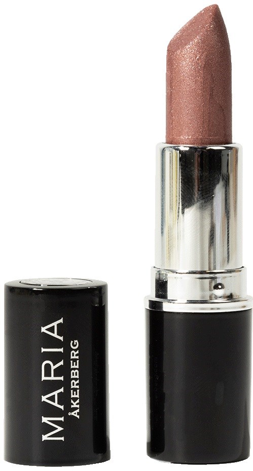 Een lipstick in bronze kleur, in een zwart en zilveren verpakking, staat rechtop.