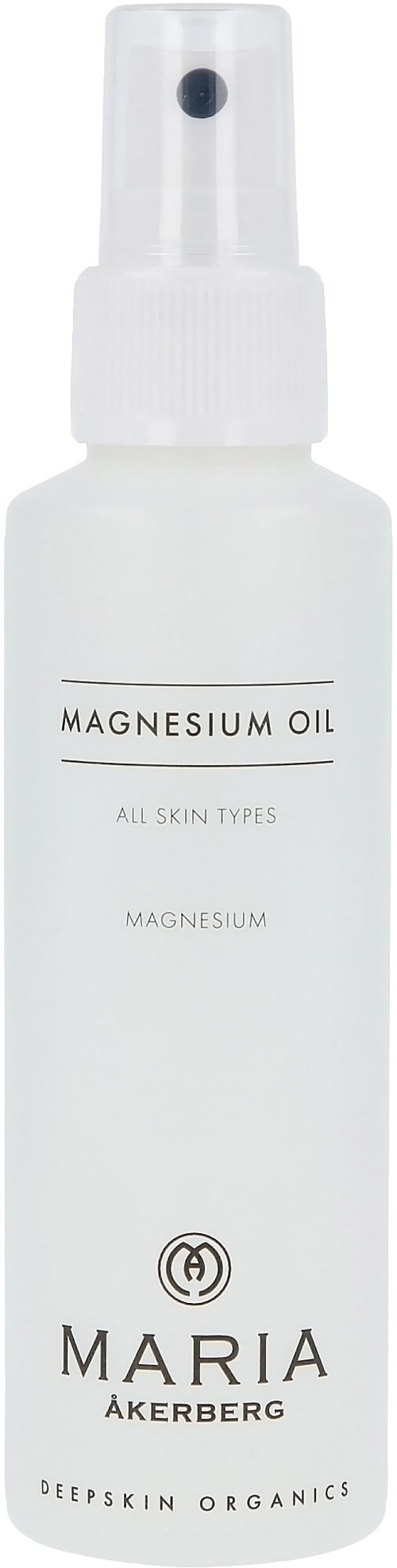 En hvid sprayflaske mærket 'Magnesium Oil' til alle hudtyper, mærket 'Maria Åkerberg' fra Deep Skin Organics.