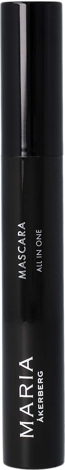 A black mascara tube with white text, labeled 'Maria AccaBerg Mascara All in One.'