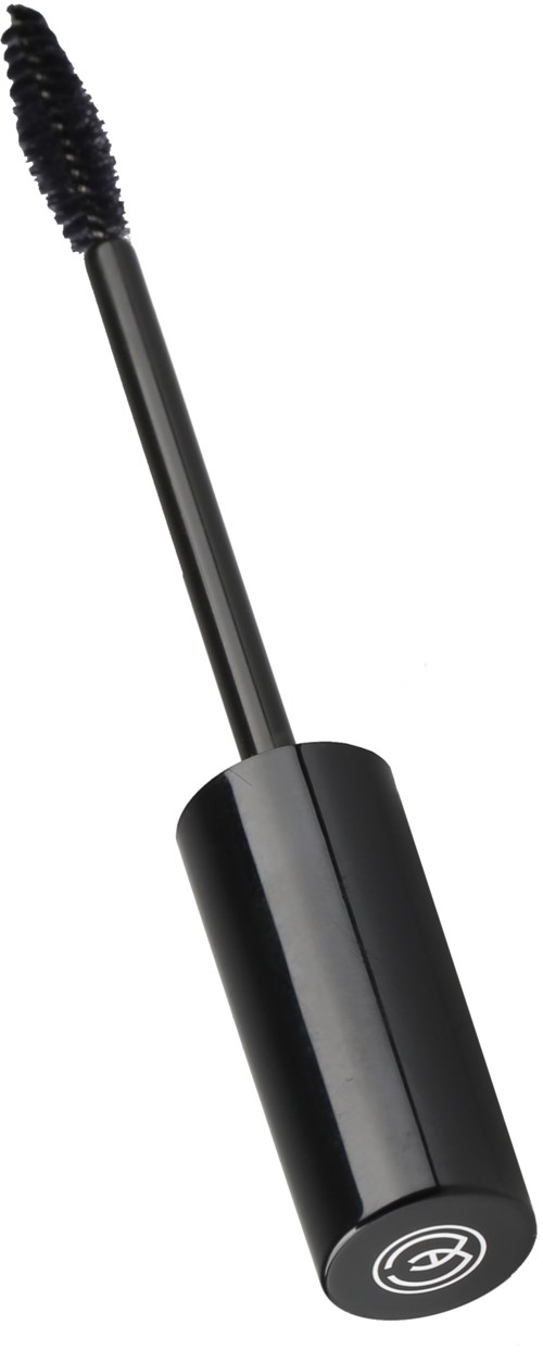 En svart mascara-borste med en böjd borste bredvid en svart cylindrisk behållare.