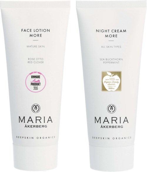 Two skincare products labeled Face Lotion and Night Cream, with natural ingredients, organic certifications, and brand name Maria Åkerberg.
