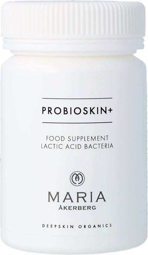 A white bottle with a lid, labeled PROBIOSKIN+ and Maria Åkerberg, containing a food supplement with lactic acid bacteria.