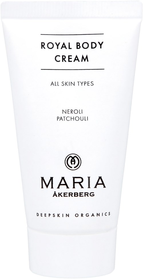 En hvid tube med kropscreme med sort tekst, nævner ingredienser som Neroli og Patchouli til alle hudtyper.