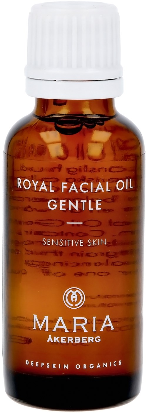Lille brun flaske med hvid låg mærket "Royal Facial Oil Gentle" til følsom hud, mærket "Maria Akerberg."