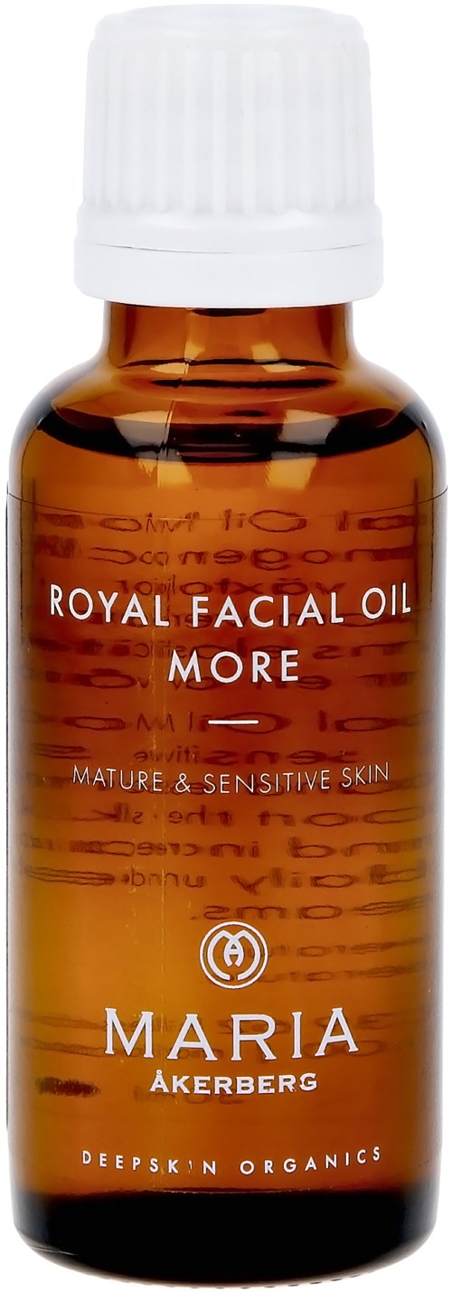 Kleine braune Flasche mit weißem Deckel, beschriftet 'Royal Facial Oil More' von Maria Åkerberg. Für empfindliche Haut.