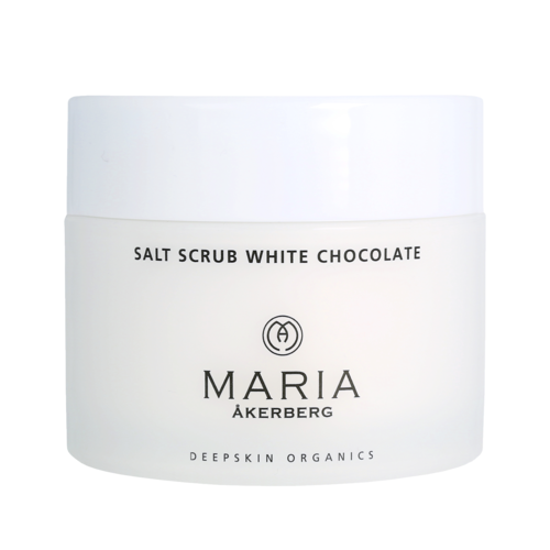 En hvit krukke merket 'Salt Scrub White Chocolate' av Maria Åkerberg, med enkel design og ingen ekstra bilder.