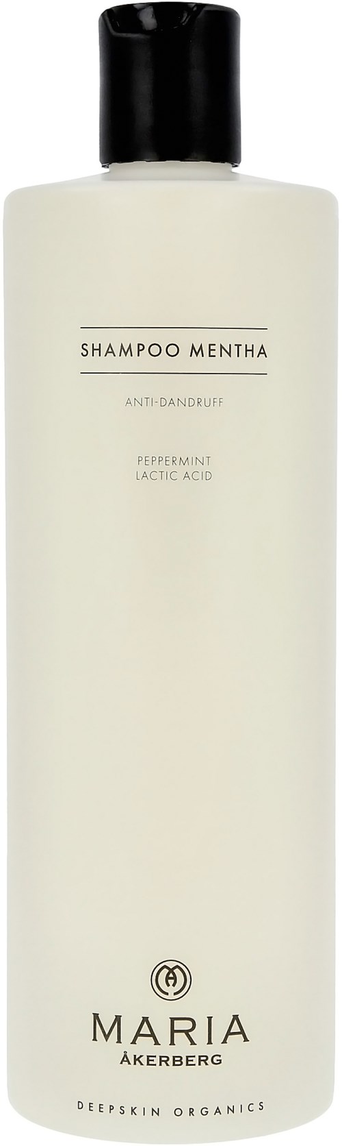 En hvit flaske med svart lokk, merket 'Shampoo Mentha' med peppermynte, for flass, av Maria Åkerberg.