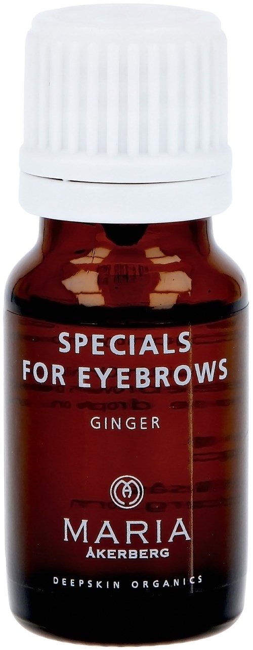 Kleine bruine fles met 'Specials for Eyebrows,' geurs 'Ginger,' merk is Maria Åkerberg, biologisch product.