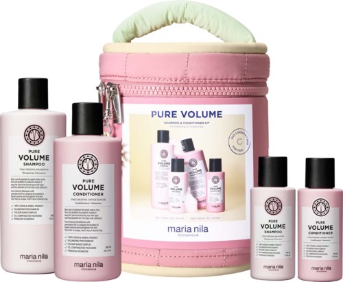Sett med rosa og svarte flasker med sjampo og balsam, og en rosa bæreveske med bilde av produktene.
