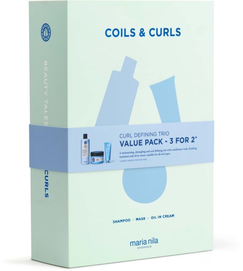 A box labeled 'Coils & Curls' containing shampoo, mask, and oil in cream for curly hair care.