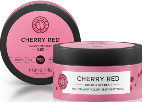 A pink and black round container with a matching lid, labeled 'Cherry Red' for hair color refresh.