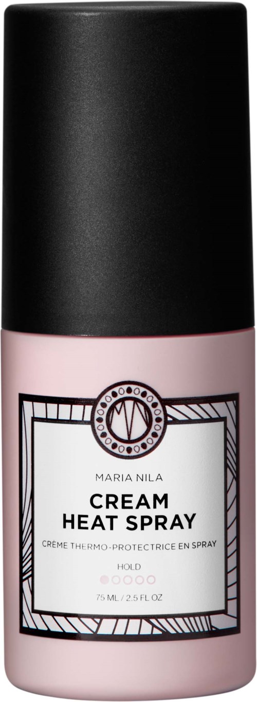 En rosa sprayburk med svart lock märkt 'Cream Heat Spray' för värmeskydd, innehållande 75 mL.