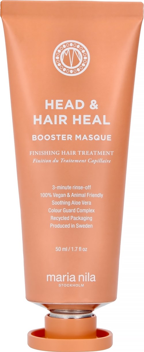 En ferskenfarget tube merket 'Head & Hair Heal Booster Masque' for hårbehandling, med beskrivelser av naturlige ingredienser og bruk.
