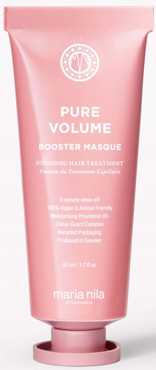 Rosa tub märkt 'Pure Volume Booster Masque' för hårvård, nämner naturliga ingredienser och svensk produktion.