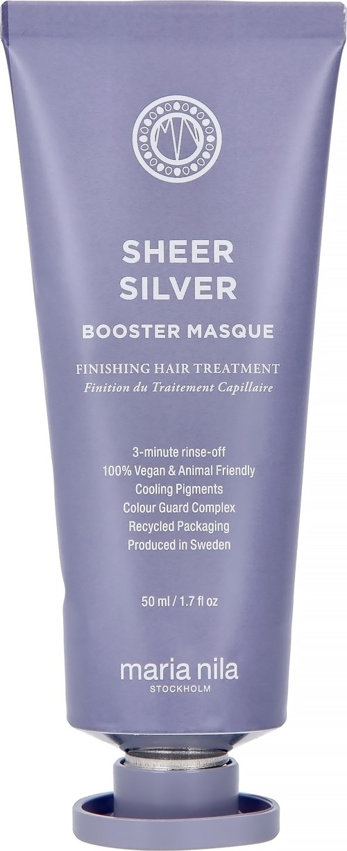 Fioletowa tubka maski do włosów 'Sheer Silver Booster Masque' marki Maria Nila, z informacjami o produkcie i logo.