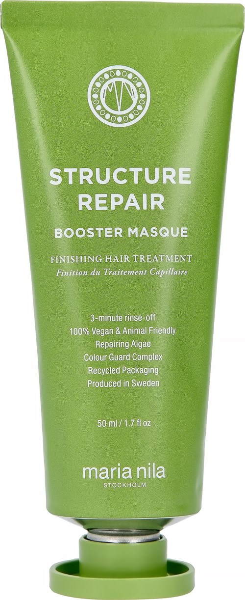 Grön tub med etiketten 'Structure Repair Booster Masque' för hårbehandling, vegansk, miljövänlig, tillverkad i Sverige, 50 ml.