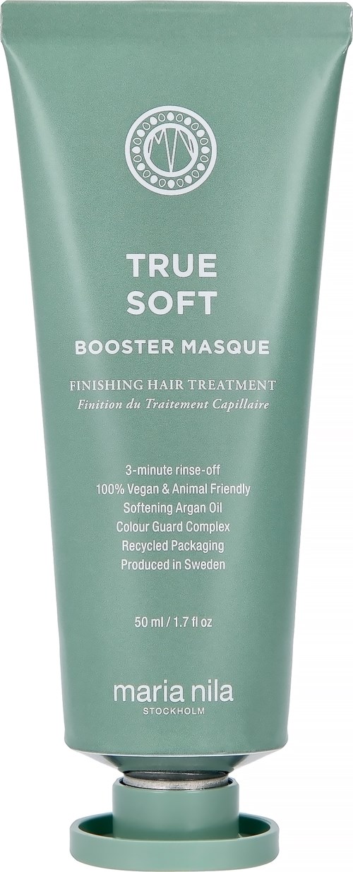 En grön tub märkt 'TRUE SOFT BOOSTER MASQUE' erbjuder hårvård, växtbaserad, med sköljning på 3 minuter, producerad i Sverige.