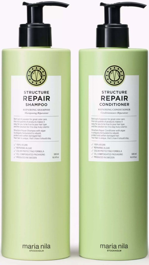 Two green bottles with black pumps, labeled 'Structure Repair' shampoo and conditioner, from Maria Nila.