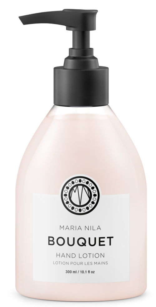 En rosa flaska med svart pump märkt 'Maria Nila Bouquet Hand Lotion'.