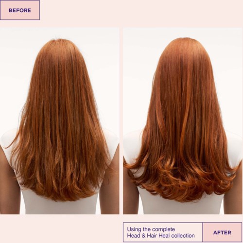 A woman before and after hair styling, showing smoother, shiny, and curled hair on the right.