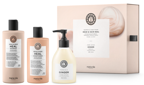 Set med hår- och hårbottenvårdsprodukter inklusive schampo, balsam, hårbottenlotion och en presentlåda med tvål.