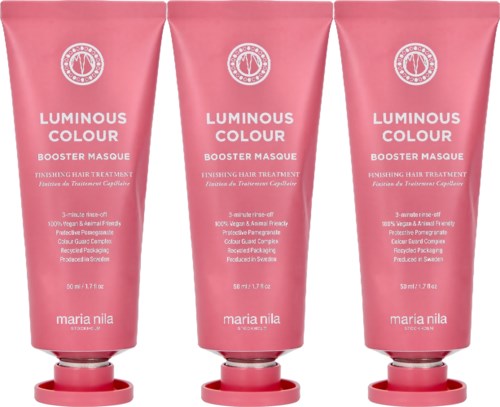 Tre rosa tuber med vit text för en hårvårdsprodukt som heter Luminous Colour Boosting Masque.