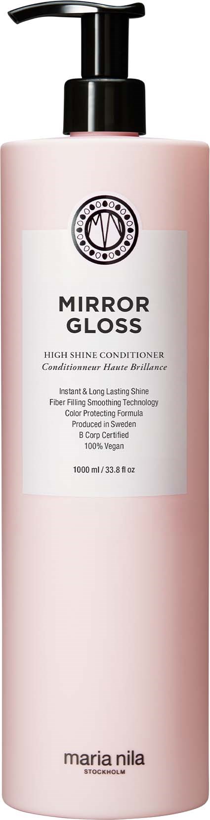En rosa flaska med svart pump märkt Mirror Gloss hårbalsam från Maria Nila.
