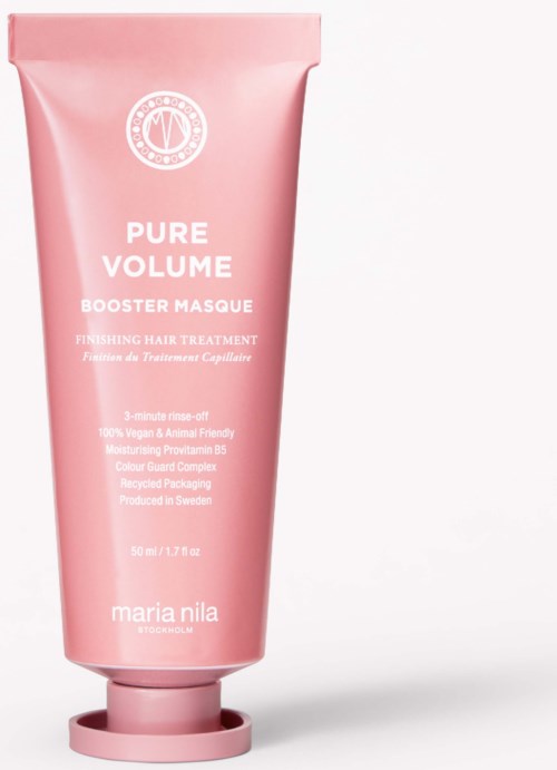 Rosa tub med hårinpackning och vitt text, varumärket är Maria Nila, påstår sig ge volym.