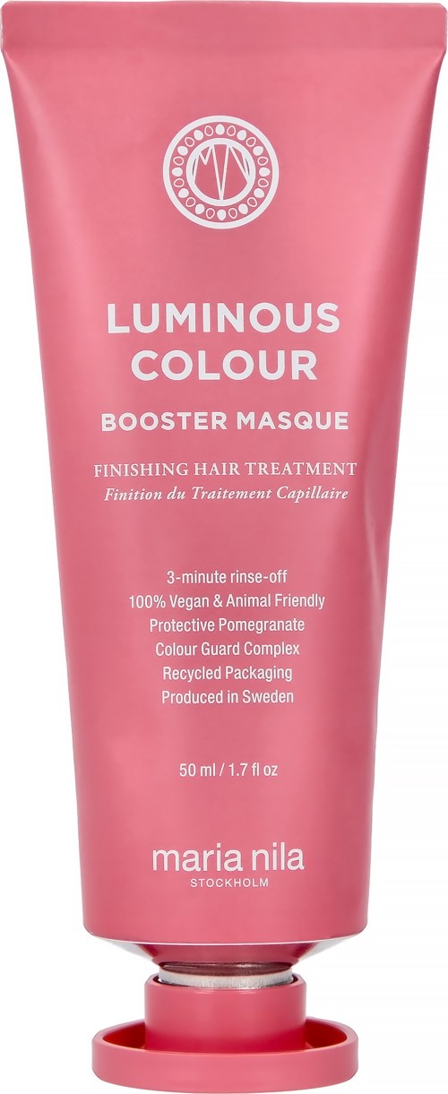 Rosa tub med text om ett hårmaskali called Luminous Colour Booster, gjort av Maria Nila i Sverige.