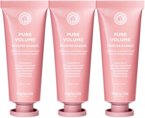Tre tuber av rosa hårmaskin står sida vid sida, märkta "Pure Volume" och "Booster Masque" för hårbehandling.