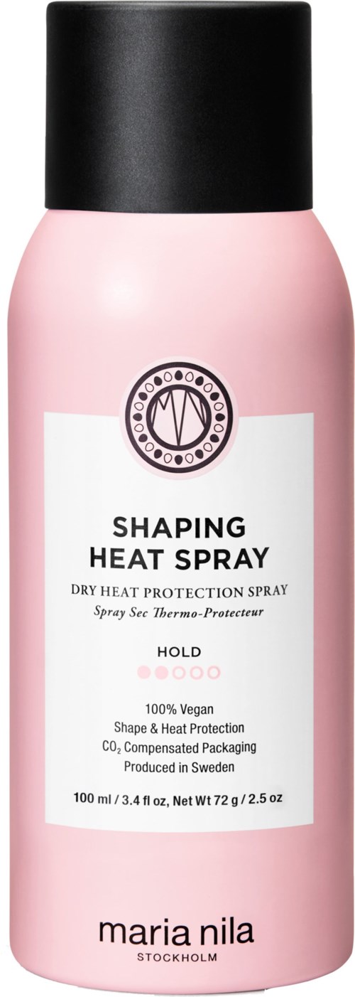 Lyserød spray til tør varmebeskyttelse til hår.
