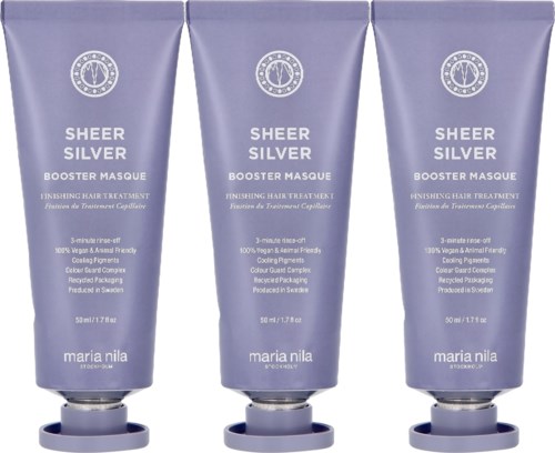 Tre lila tuber av Sheer Silver Booster Masque för hårvård, vardera 50 ml, av Maria Nila.
