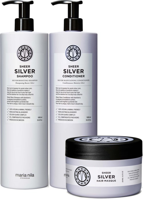 maria nila Sheer Silver Bundle Shampoo 1000 ml & Conditioner 1000 ml & Masque 250 ml