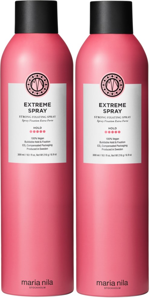 Zwei pinke Flaschen mit Extreme Spray Haarspray, von Maria Nila, für starkes Styling.
