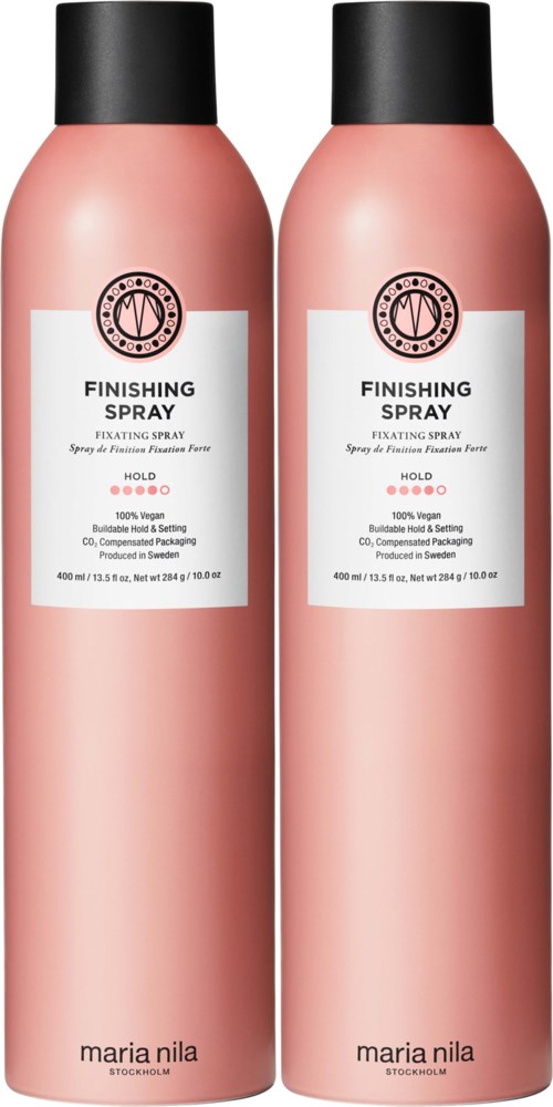 Two pink bottles of finishing spray with black caps, labeled for hair hold and shine, from Maria Nila.