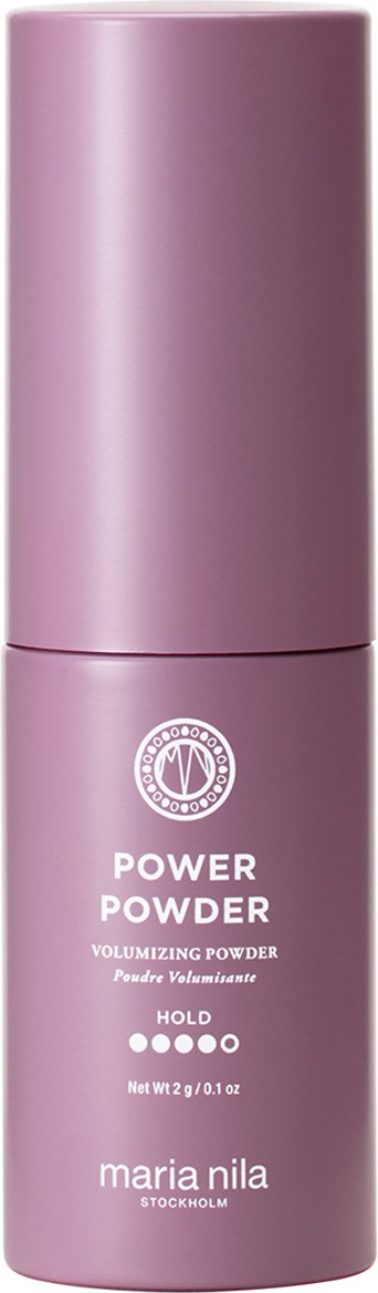Violetti pullo nimeltä Power Powder Maria Nila, käytetään hiusten volyymiin. Siinä on kansi ja vähäinen teksti.