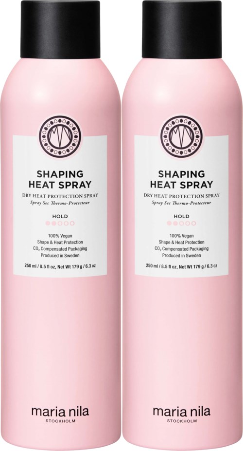 To rosa flasker med varmebeskyttende spray med svarte lokk, merket 'Shaping Heat Spray' for hår.