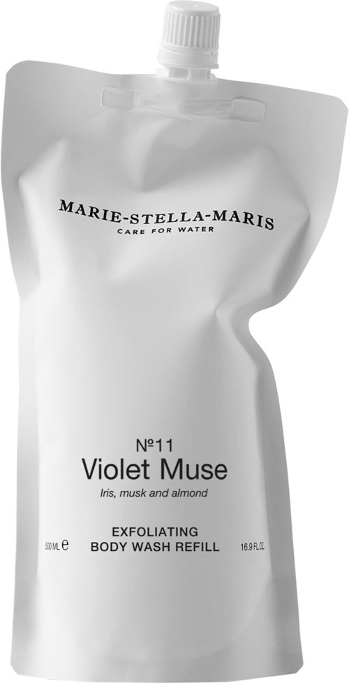 En hvit påfyllingspose for kroppsvask med skrukork, merket Marie-Stella-Maris Violet Muse, naturlige ingredienser.