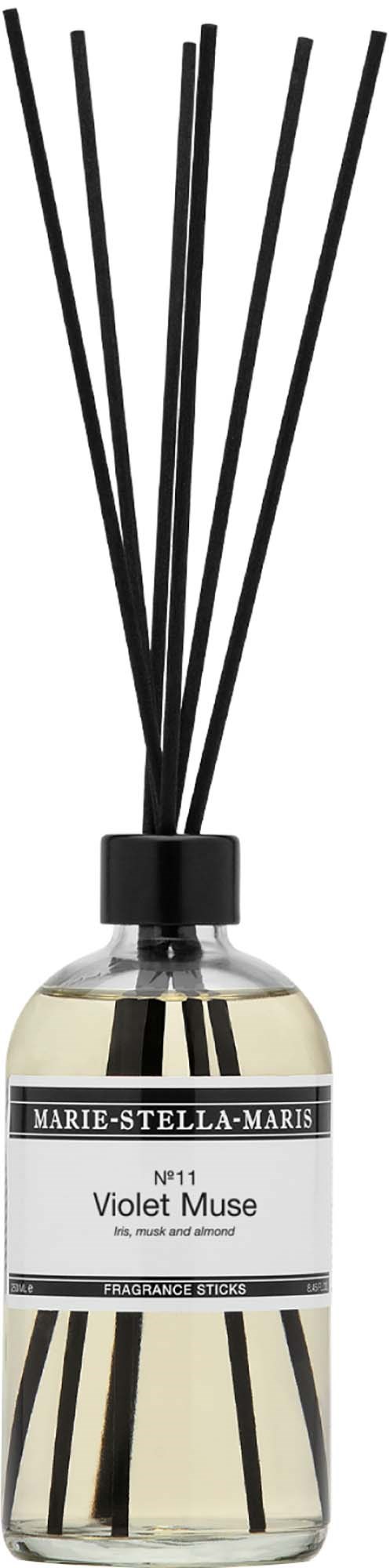 En glasflaske med sorte stænger indeni, mærket Marie-Stella-Maris Violet Muse parfume, sort-hvid design.