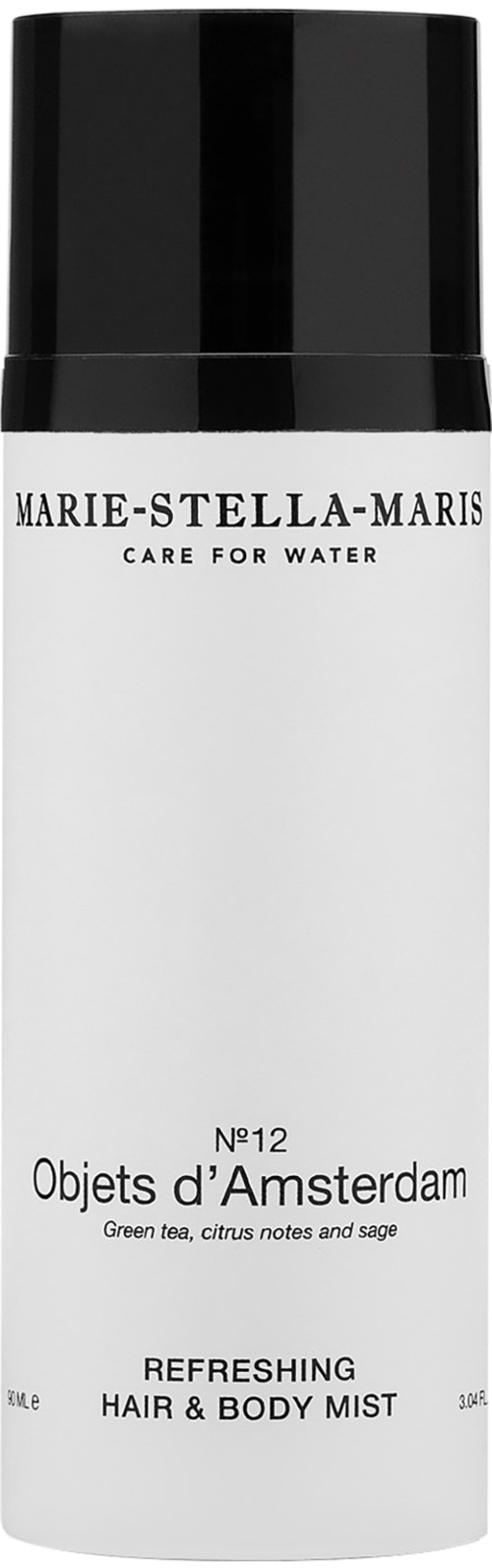A white bottle with a black cap, labeled Marie-Stella-Maris, for hair and body mist, scented with green tea and sage.