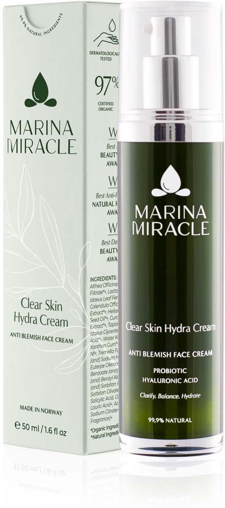 En flaske og eske av Marina Miracle Clear Skin Hydra Cream, med grønn og hvit emballasje, fremmer hudens hydrering og anti-blemish fordeler.