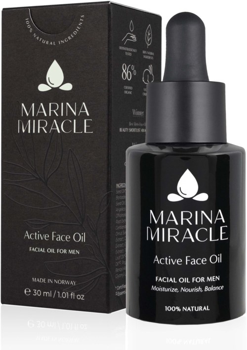 En svart flaske med pipette og en eske som viser Marina Miracle-logoen og produktdetaljer.