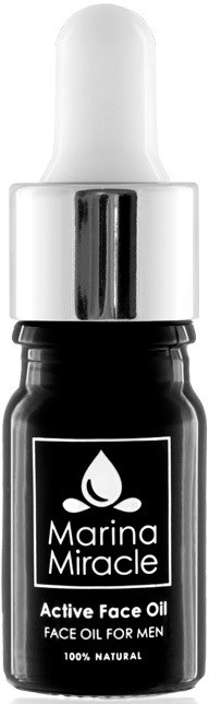 En liten svart flaska med dropptapp märkt 'Marina Miracle' och 'Active Face Oil for Men'.